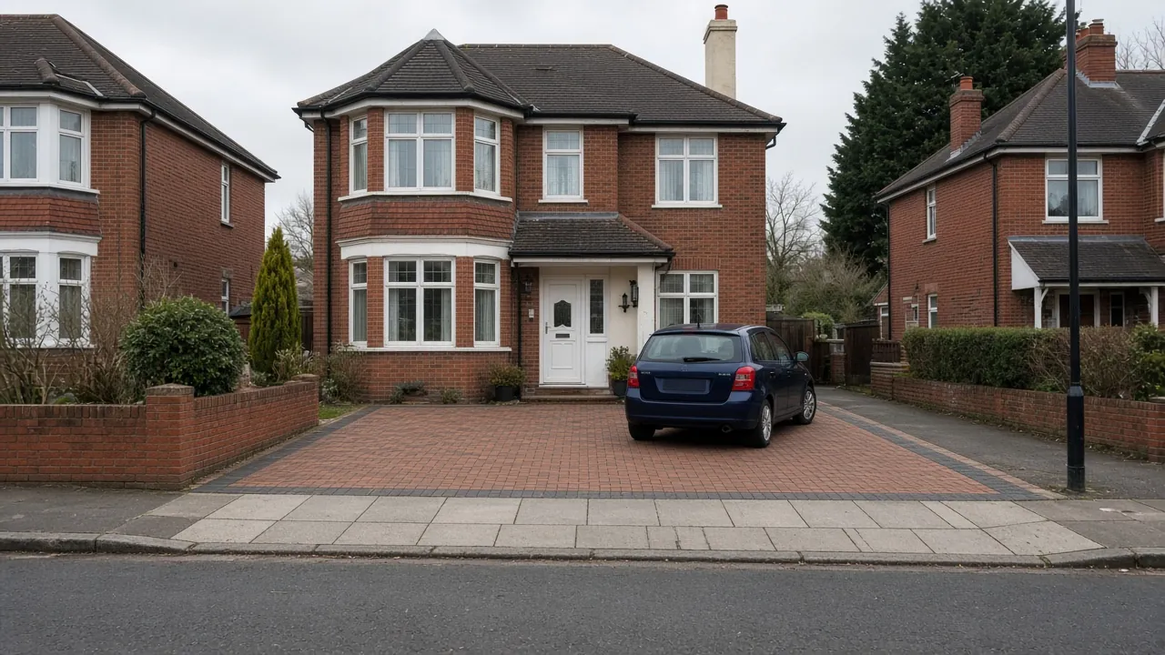 Example image: red block-paved driveway with a charcoal border in front of a brick detached house
