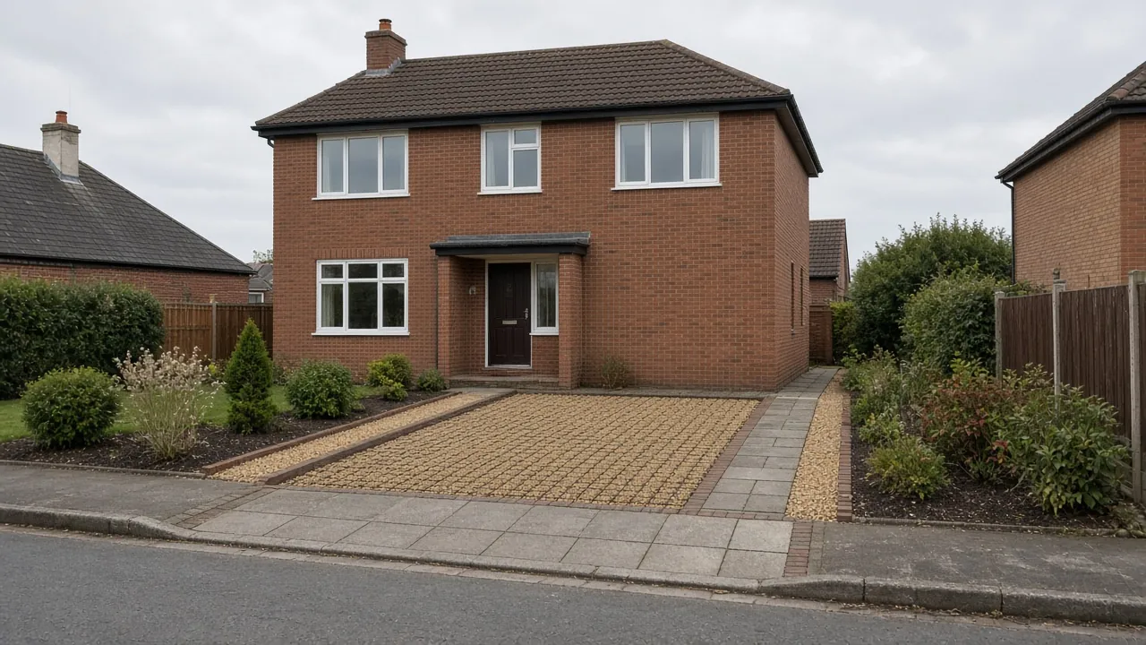 Example image: gravel driveway in a stabilising grid with paving slabs leading to the front door of a brick house