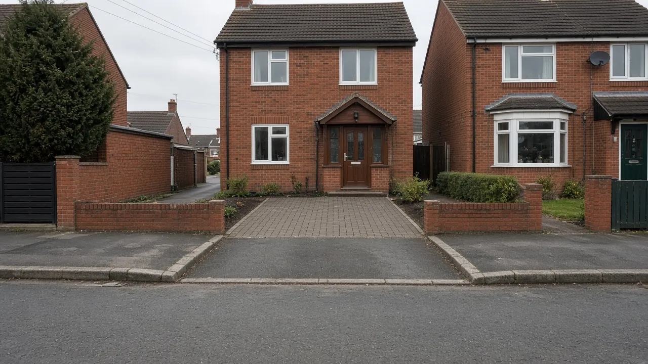 Example image: dropped kerb lined up with a block-paved driveway between two low brick walls