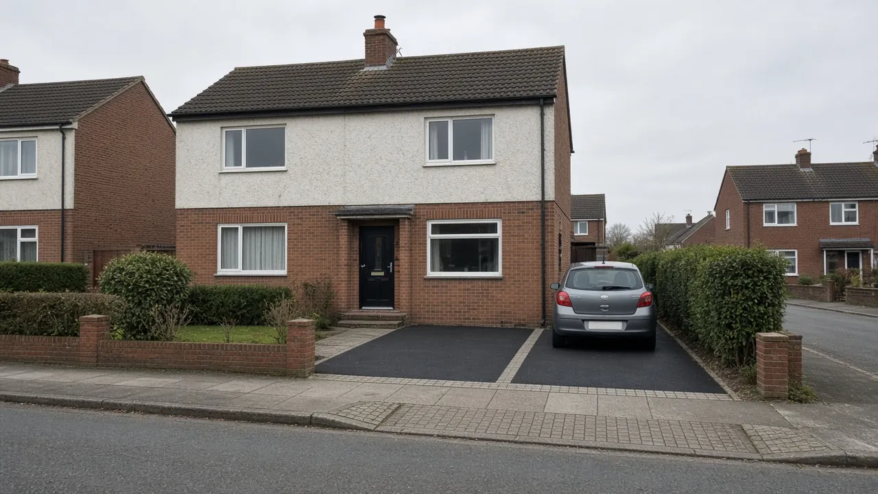 Example image: black tarmac driveway with a block-paved kerb crossing in front of a pebble-dashed semi