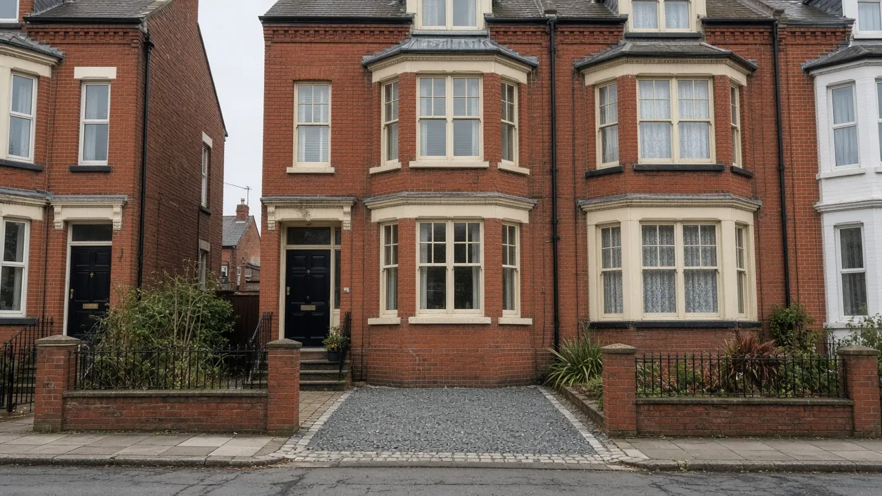 Example image: Victorian terrace in Coatham with a small gravel and sett parking space behind the original front wall and railings