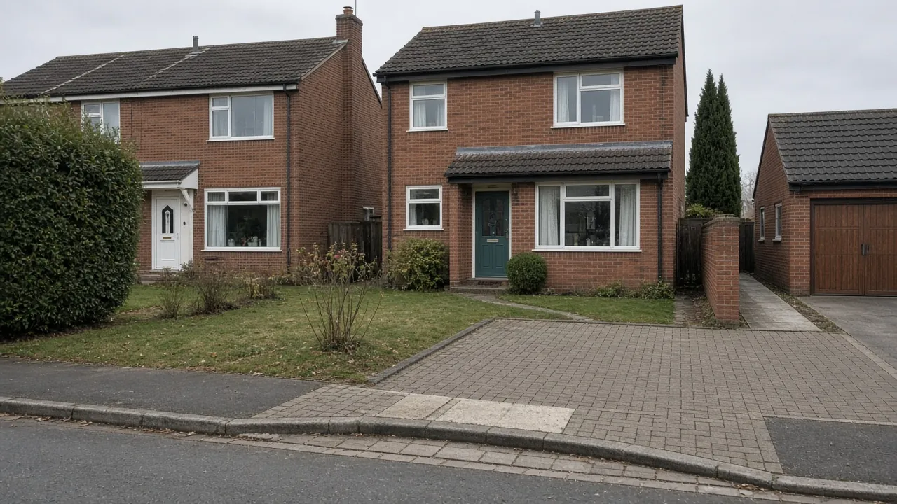 Example image: house in West Dyke with a block-paved drive widened across part of the front lawn